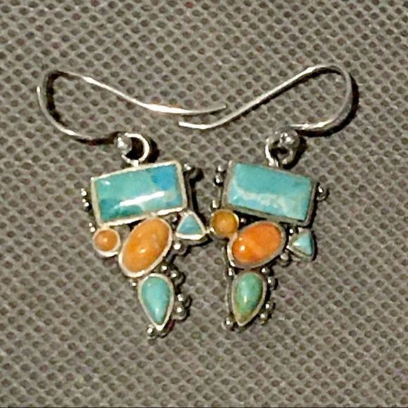 BARSE Sterling Silver 925 Turquoise Spiny Oyster Inlay Drop Dangle Earrings VTG - Picture 2 of 7